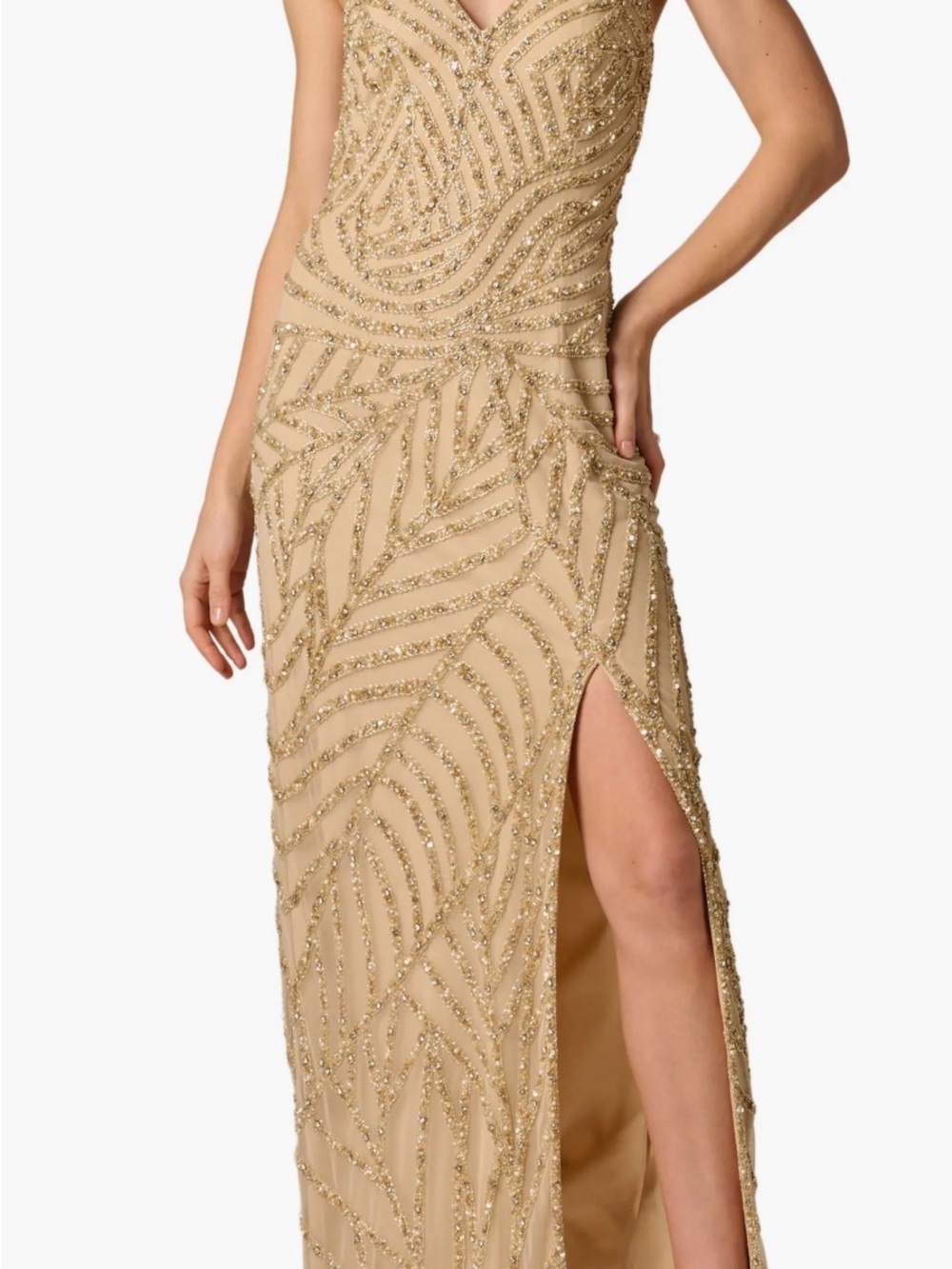 Aidan Mattox Gold Beaded V‑Neck Prom Gown with High Slit